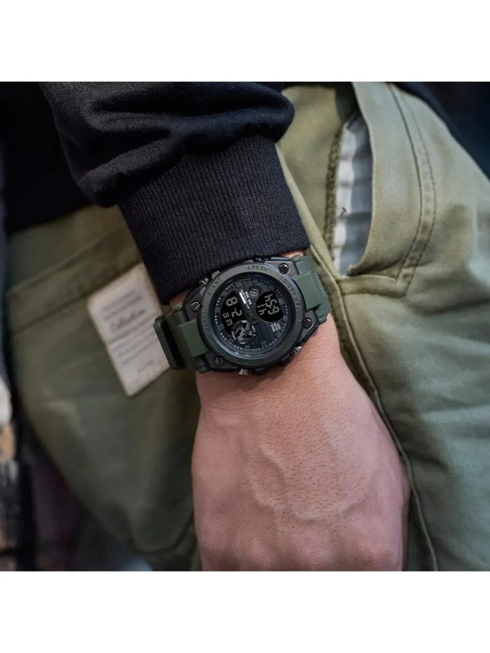 Mens Army Green Black Analog Quartz Sports Waterproof Military LED Digital Watch